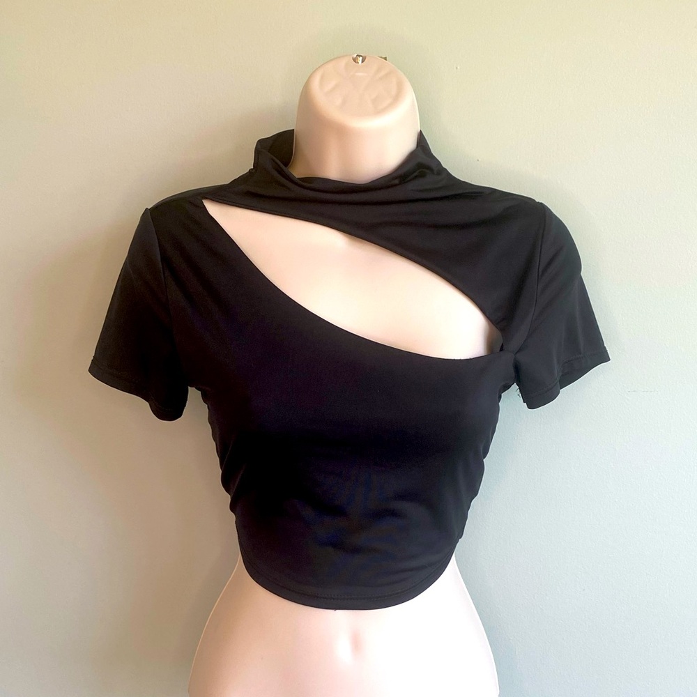 Black, high neck, cut out crop top with short sleeves. Shelly.